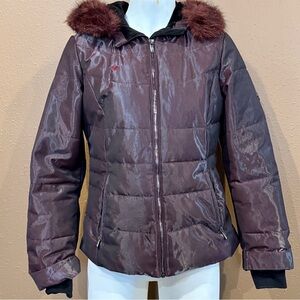 Obermeyer Metallic Burgundy Puffer Ski Coat with Removable Faux Fur Hood